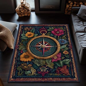 Rustic Nautical Compass Rug, Vintage Area Rug, Coastal Compass Decor, Maritime Style Rug, Compass Themed Accent Rug for Home