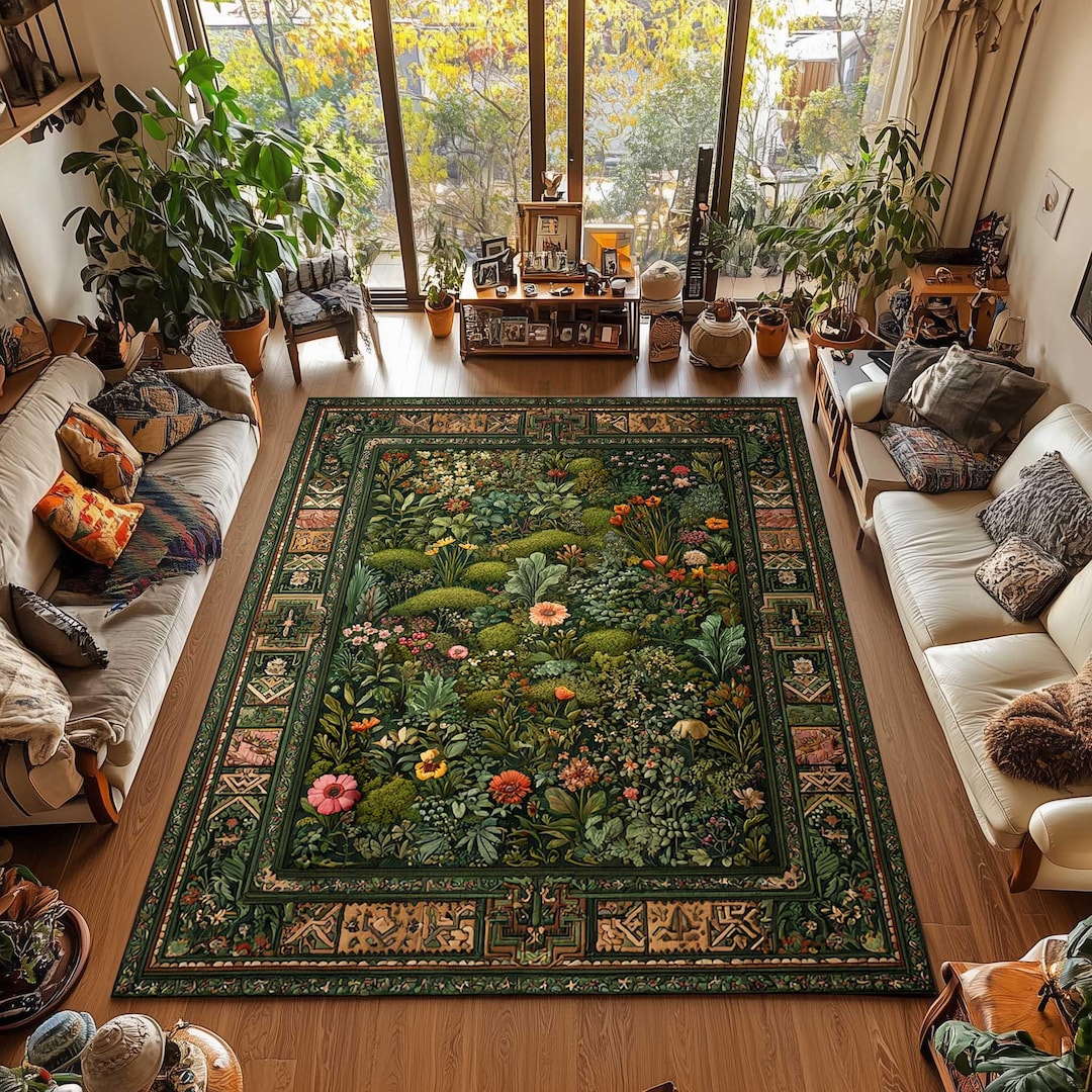 Cheerful Cottage Rug Cottagecore Floral Area Rug: Green Moss, Vintage Garden, Washable - Etsy