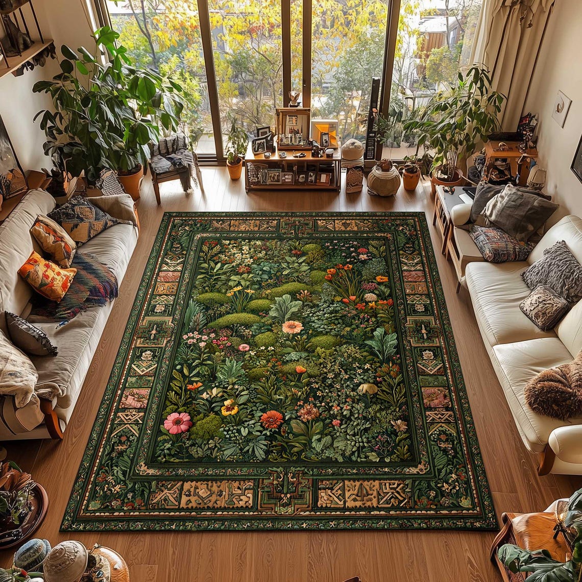 Cottagecore Floral Area Rug: Green Moss, Vintage Garden, Washable - Etsy