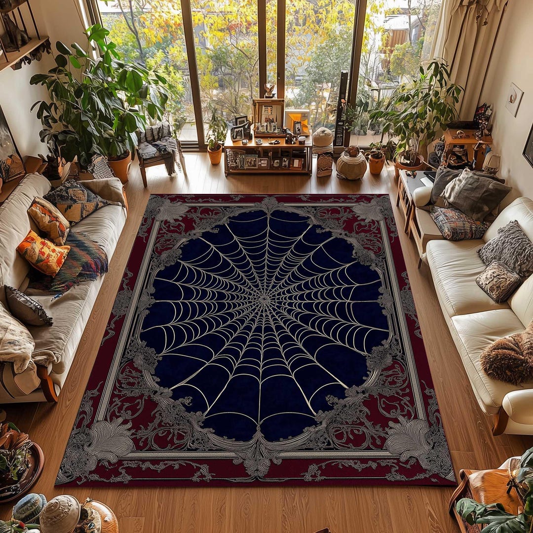 Gothic Spider Web Rug Black Navy Floral Halloween Decor Washable ...