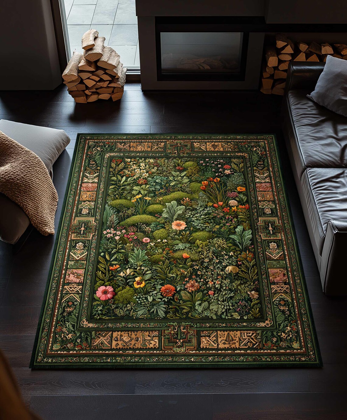 Cottagecore Floral Area Rug: Green Moss, Vintage Garden, Washable - Etsy