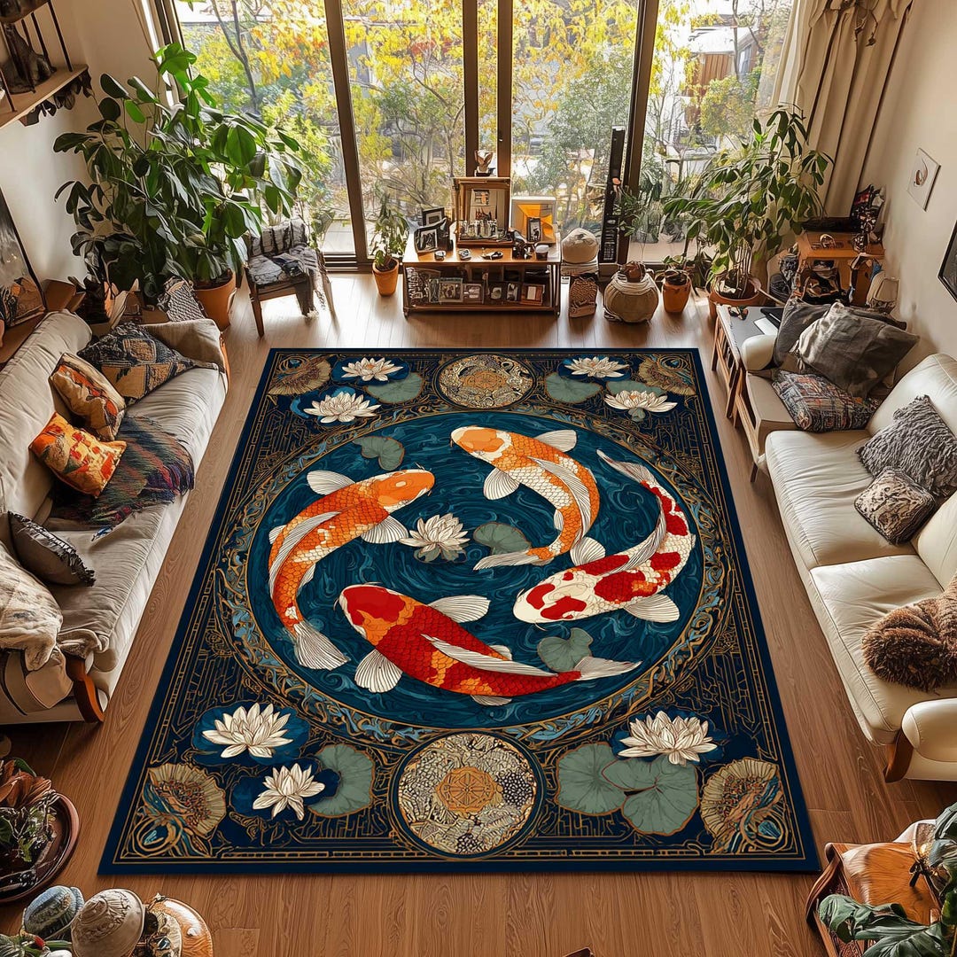 Japanese Koi Fish Area Rug, Lotus Pond Oriental Carpet, Zen Water ...