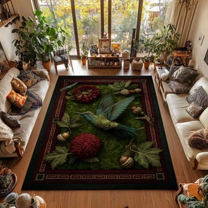 Green Botanical Rug With Hummingbird Art, Wildflower Cottagecore Area Rug, Nature Inspired Carpet, Washable Bird Lover Home Decor