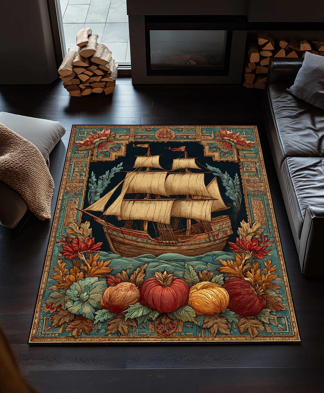 Vintage Ship Rug, Nautical Compass Rug, Pirate Ocean Area Carpet, Old ...