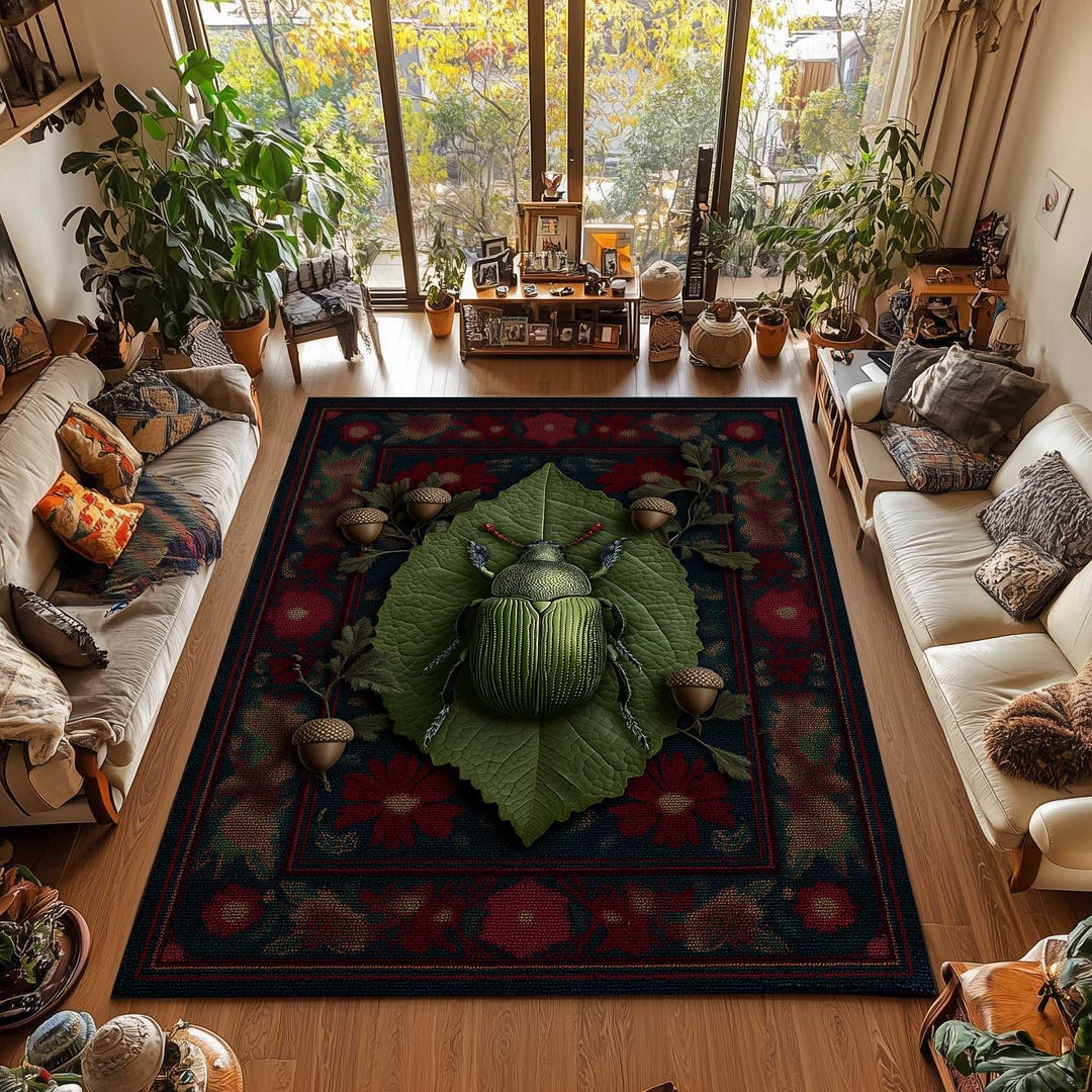 Green Beetle Area Rug, Cottagecore Botanical Insect Decor, Washable ...