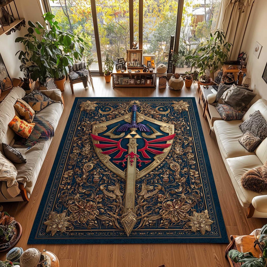 Master Sword Rug, Hylian Shield Carpet With Blue Gold Crest Design ...