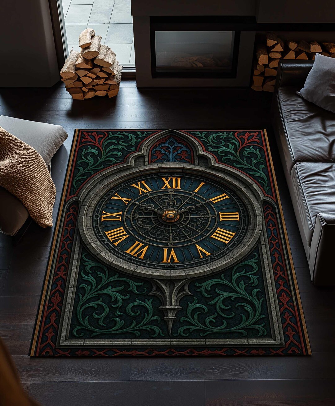 Gothic Clock Area Rug: Deep Green Medieval Style, Anti-slip - Etsy