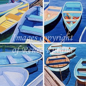 Puede incluir: Una pintura de varios botes pequeños en un puerto. Los botes son de varios tonos de azul, amarillo y naranja, algunos con motores fueraborda. El agua es de un azul profundo y la composición está dividida en cuatro secciones.