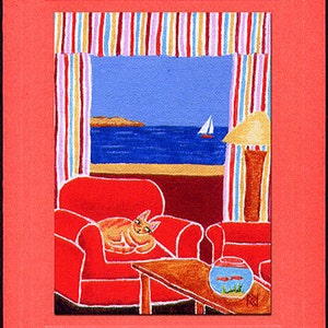 Fine Art Greeting Card, CURIOSITY CAT Reds, Yellows, Golds & Blue Nautical, Blank