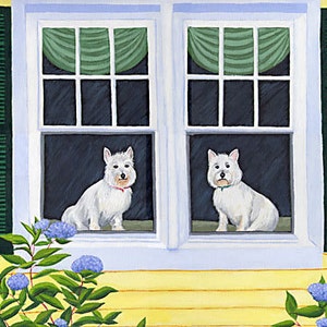 WESTIES West Highland Terrier dogs Hydrangeas, 8x10" Matted Print