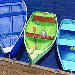 May include: An artistic painting of three colorful rowboats tied to a wooden dock. The boats are painted in shades of blue and green, with oars and interior details. The water is a deep blue.