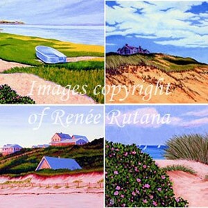 ACEO PRINT SET von 4 Original Cape Cod Dunes, Truro, Chatham, Wellfleet, Dennis, Boat und Beach Roses Gemälden