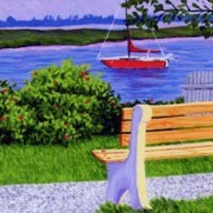 May include: An acrylic painting depicts a serene outdoor scene. A red sailboat floats on blue water, with a green shoreline in the background. A wooden bench with a light purple back sits on a grassy area, with a bush and a tree branch in the foreground.