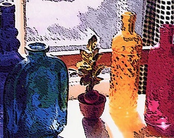 COLORED GLASS Bottles in the Window Blue, Green, Yellow and White 8x10" Matted Print