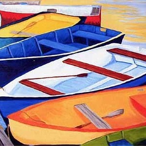 CAPE COD Rowboats Blues Reds Orange 8x10&quot; Matted Print