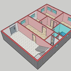 Puede incluir: Un modelo 3D de un plano de planta con varias habitaciones, incluyendo un baño con bañera, una cocina y una sala de estar. Las habitaciones están conectadas por pasillos y una escalera.