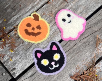 Handmade Halloween Coasters, Punch Needle Mug Rug, Halloween Gift, Pumpkin, Ghost, Blackcat, Kitchen Decor, Gift for Aesthetic Halloween