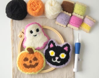Halloween Coaster Punch Needle Craft Kit, Beginner Craft Set, Handmade Mug Rug, Halloween Gift, Home Decor, Craft kit for adults