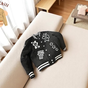 Unisex Streetwear Varsity Jacket | Stylish Graphic Harajuku Outerwear | Oversized Hip-Hop Winter Outfit | Classic Button-Front Long Sleeve