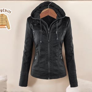 Blouson en cuir pour femme | Fermeture éclair et capuche élégantes | Vêtements d'extérieur à la mode