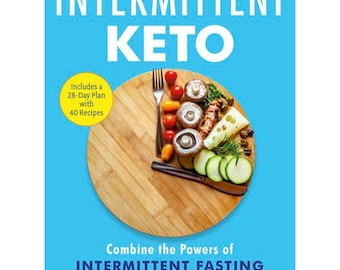 May include: A blue and yellow book cover with the title "The Beginner's Guide to Intermittent Keto". The cover features a wooden cutting board with a fork, knife, and various vegetables and cheeses.