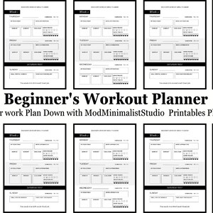 Könnte beinhalten: Ein schwarz-weißer druckbarer Trainingsplaner mit dem Titel "Beginner's Workout Planner" und dem Text "Get your work Plan Down with ModMinimalistStudio Printables Planner". Der Planer ist in Wochen unterteilt, wobei jede Woche eine eigene Seite hat. Jede Seite hat Platz für Montag, Dienstag, Mittwoch, Donnerstag, Freitag, Samstag Ruhe und Sonntag Ruhe.