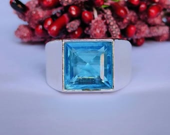 Anel masculino em prata de lei 925 maciça com pedra preciosa água-marinha, joia feita à mão.