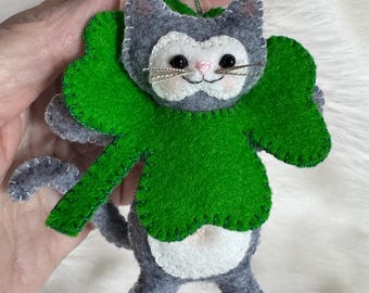 Patrón de costura de gatito de fieltro con trébol de 4 hojas - Adorno - Gatito de la suerte