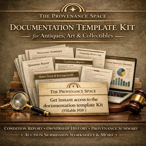 May include: Image of a documentation template kit for antiques, art, and collectibles. The image shows a stack of papers, a laptop displaying charts, a magnifying glass, and a gavel. Text includes "Documentation Template Kit" and "The Provenance Space."
