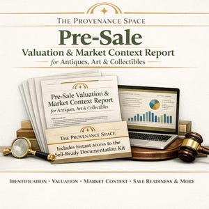 Op de afbeelding: Een advertentie voor The Provenance Space, met een pre-sale taxatie en marktanalyse rapport voor antiek, kunst en verzamelobjecten. De afbeelding bevat rapporten, een laptop met grafieken, een vergrootglas en een veilinghamer.
