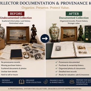 May include: A collector documentation and provenance kit featuring a comparison of an undocumented collection with scattered papers and photos versus a documented collection with organized binders, records, and labeled folders for item history.