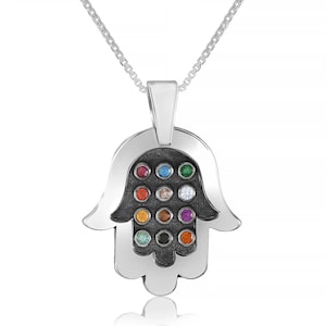 Hamsa necklace, Silver pendent with 12 Gemstones of Priestly Breastplate, Protection Charm, Judaica Jewelry, Jewish jewelry, Kabbalah Gift