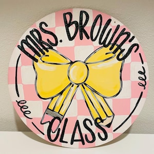 Pencil Bow Door Hanger; personalized teacher door hanger; pastel classroom door hanger; checkered bow door hanger