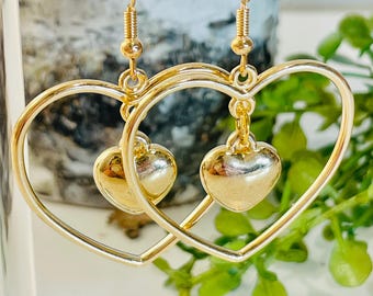 Heart within a Heart Dangle Earrings, heart earrings, Valentine’s Day dangle earrings, golden and silver heart dangle earrings