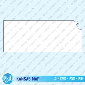 Könnte beinhalten: Eine schwarz-weiße Umrandung des Bundesstaates Kansas. Der Name des Bundesstaates ist in blauer Schrift unter der Karte geschrieben. Der Text "AI - SVG - PNG - PDF" ist in blauer Schrift unter dem Bundesstaatnamen geschrieben.