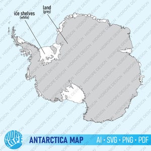 Puede incluir: Un mapa en blanco y negro de la Antártida con el texto "Antarctica Map" y "AI. SVG. PNG. PDF" debajo del mapa. El mapa muestra la masa terrestre de la Antártida en gris y las plataformas de hielo en blanco.