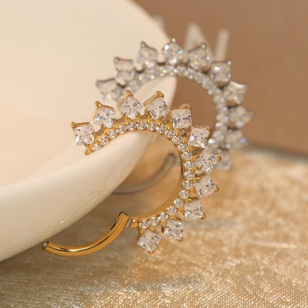 16G Square CZ Stainless Steel Seamless Hinged Segment Clicker Ring Septum Conch Cartilage Nose Ring Septum Ring Helix Piercing Jewelry