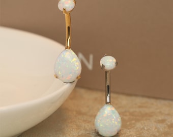 14G G23 Titanium Belly Button Ring with Waterdrop Opal 10mm Prong Set Internally threaded Navel Piercing Jewelry Belly Ring Barbell Piercing
