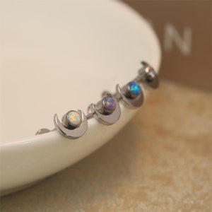 16G Titanium Labret Stud Cartilage Earring Stud with CZ Opal Moon Internally Threaded Lobe Earring Lip Monroe Helix Tragus Piercing Jewelry