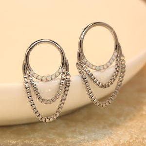 16G Opal with Chain Stainless Steel Seamless Hinged Segment Clicker Ring Septum Conch Cartilage Nose Ring Septum Ring Helix Piercing Jewelry