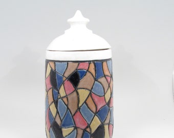 Pottery Storage Jar, Kitchen Canister, Stained Glass Design Jar, Wheel Thrown Jar, Ceramic Cookie Jar, Tea Canister, Sugar Canister, JR8