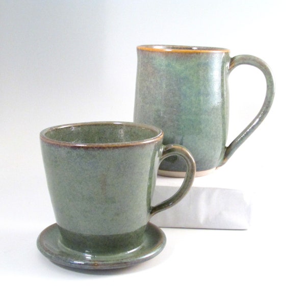Coffee Pour Over Set, Drip Coffee Maker, Mossy Green Coffee Maker, Mug and Pour Over, Stoneware Coffee Brewer, Mug and Coffee Maker,POS5