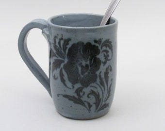 Blue Stoneware Mug, 12 ounce Coffee Mug, Hand Crafted Mug, Handmade Ceramic Mug, Blue Speckled Mug, Blue Floral Motif, Wheel Thrown Mug,M048
