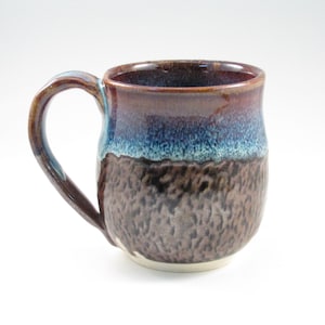 Hand Crafted  Stoneware Mug, Brown and Blue Glaze, Wheel Thrown Pottery, 10 Ounce Coffee Cup, M044
