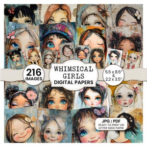 Whimsical Girls Digital Papers – 216 Images, junk journal printable art journal pages, whimsical digital papers, artistic backgrounds