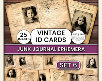 Vintage ID Cards Ephemera Set 6 – Printable Junk Journal Kit, 25 Antique Documents PNG/PDF
