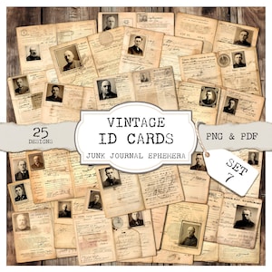 ヴィンテージ ID カード ジャンク ジャーナル エフェメラ - セット 7 (25 デザイン、PNG および PDF)