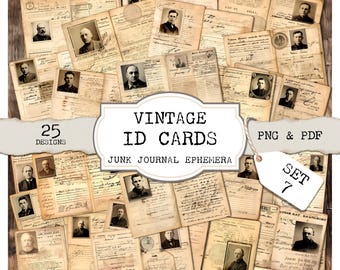 Cartes d'identité vintage Junk Journal Ephemera - Set 7 (25 modèles, PNG et PDF)