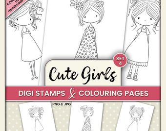 Whimsical Cute Girls Digital Stamps & Coloring Pages – Clipart for Junk Journals, Cardmaking, Tags and Crafts PNG JPG - Set 4