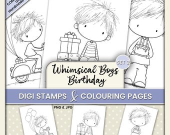 Grillige jongens verjaardag digitale postzegels en kleurplaten – Clipart voor Junk Journals, Cardmaking, Tags and Crafts PNG JPG - Set 2